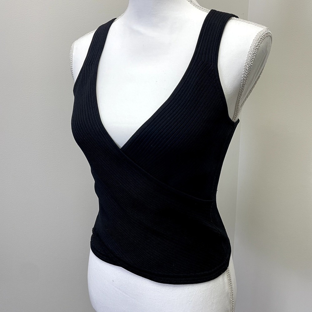 Jonathan Simkhai Black Ribbed Wrap V-Neck Tank Top Size L Surplice Knit Crop